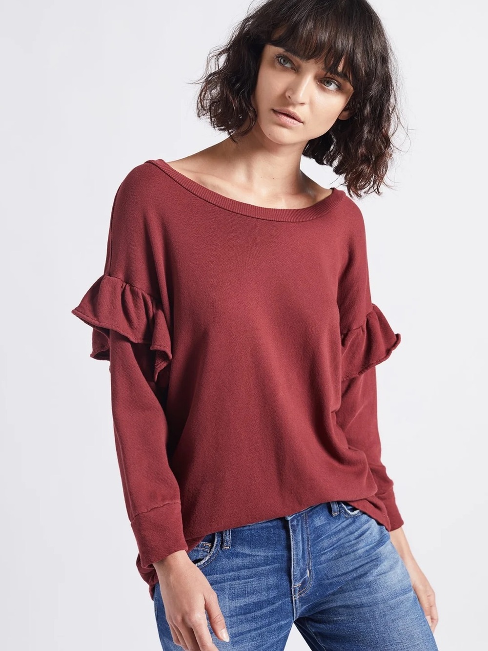 Current/Elliott Burgundy Ruffle-Sleeve Sweatshirt